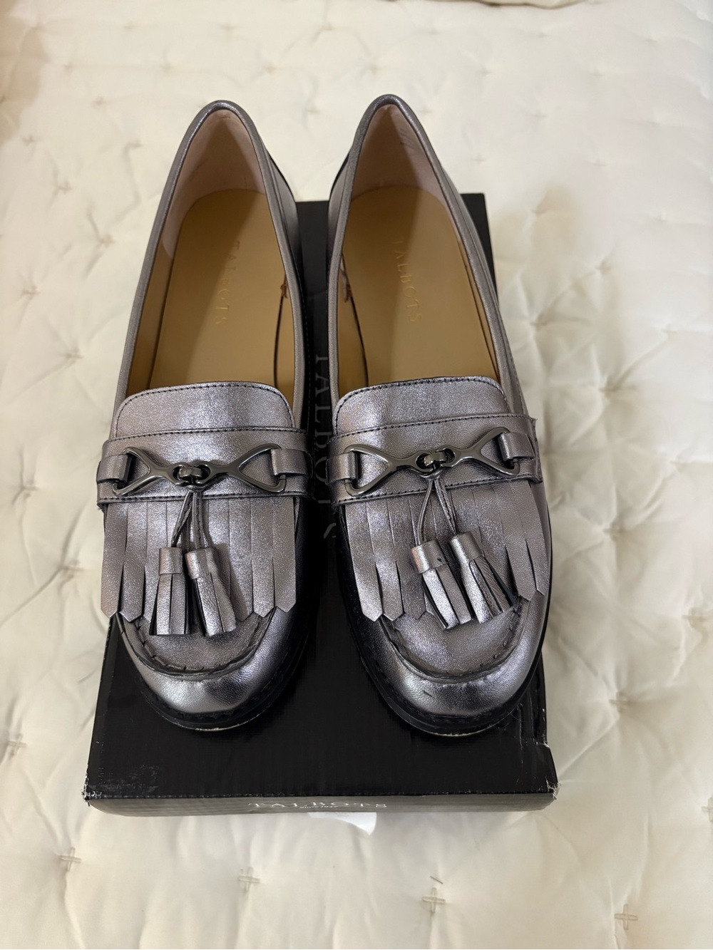 Talbots Metallic Pewter Tassel Kiltie Loafers
